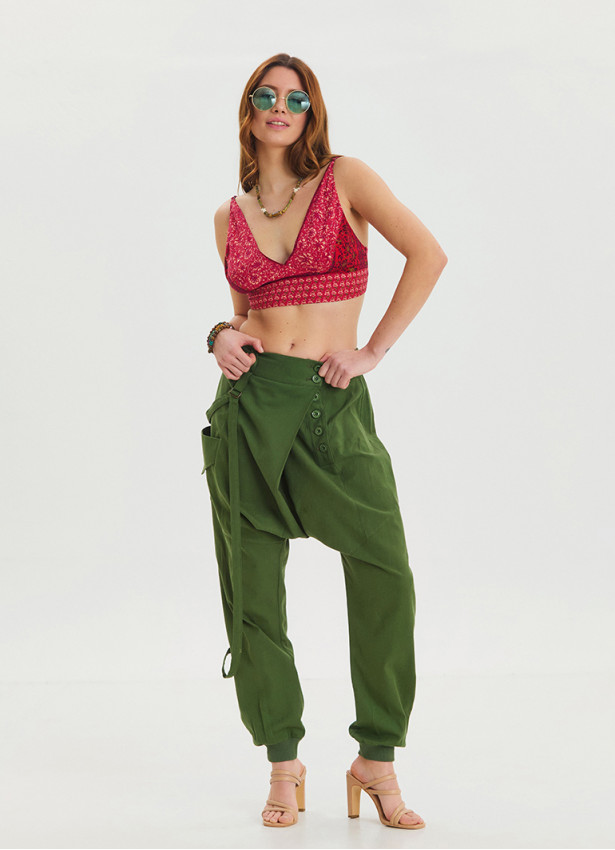 Khaki Bohemian Shalwar with Rope Detail and Elastic Waistband and Buttons 4554